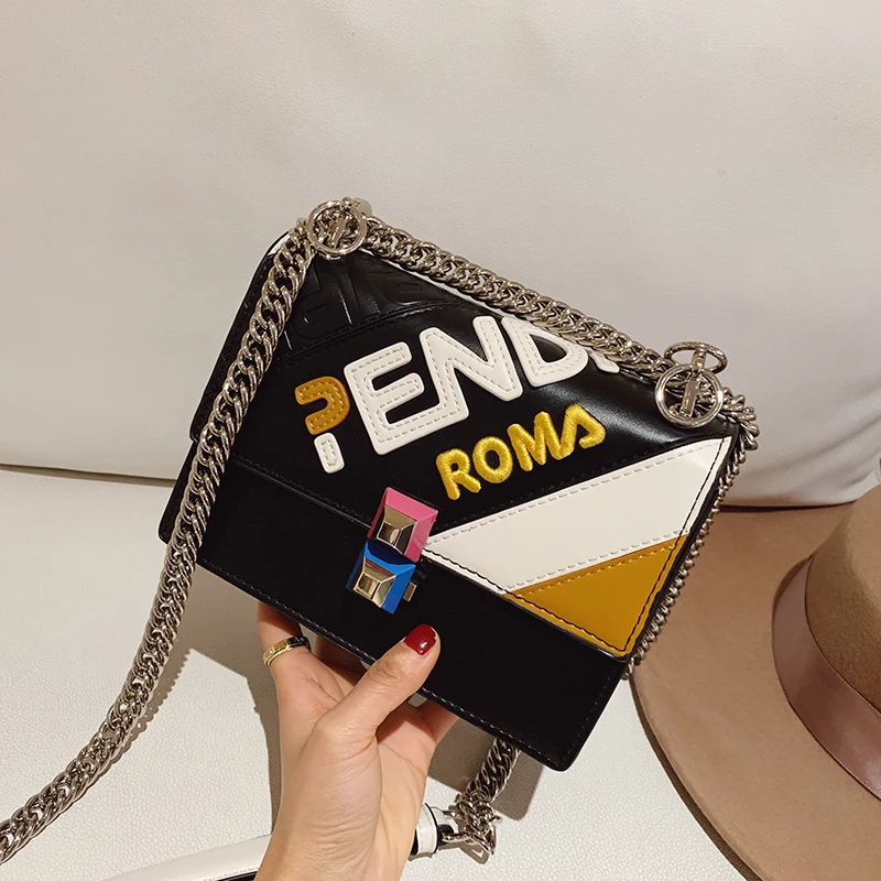

2019 Fashion Women Yellow Handbags PU Leather Chains Hand Bag Flap Shoulder Messenger Crossbody Cow Leather Embroidery Bags