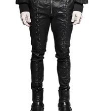 Стимпанк зима для мужчин стрейч узкие кожаные штаны черные длинные мотобрюки Готический Винтаж Street Wear страйт загрузки вырезать брюки для девочек