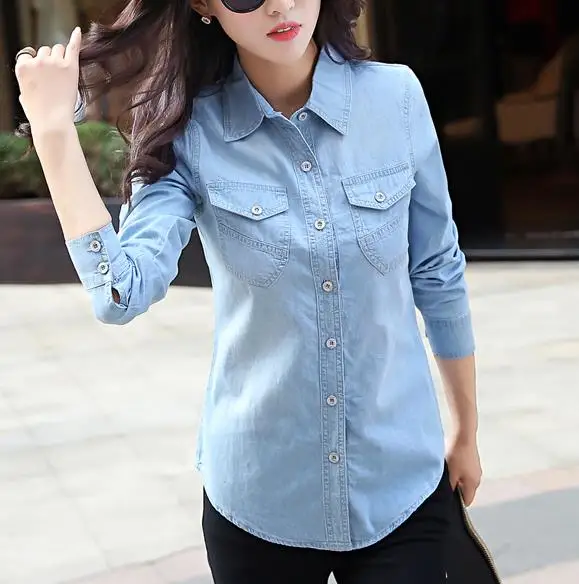  Women Cotton Denim Shirt 2019 Chemise Female Spring Ladies Casual Long Sleeve Blue Jeans Shirts Wom