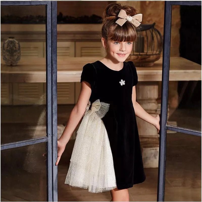 

glowworm kid's spring baby Girl's Princess dress velvet bubble dress birthday christmas party dress big lace bows hs024