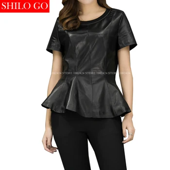 

SHILO GO New Fashion Street Women O-Neck Short Sleeve Puff Ruffles Sheepskin Genuine Leather Short Blouse Ladies Concise Blouse