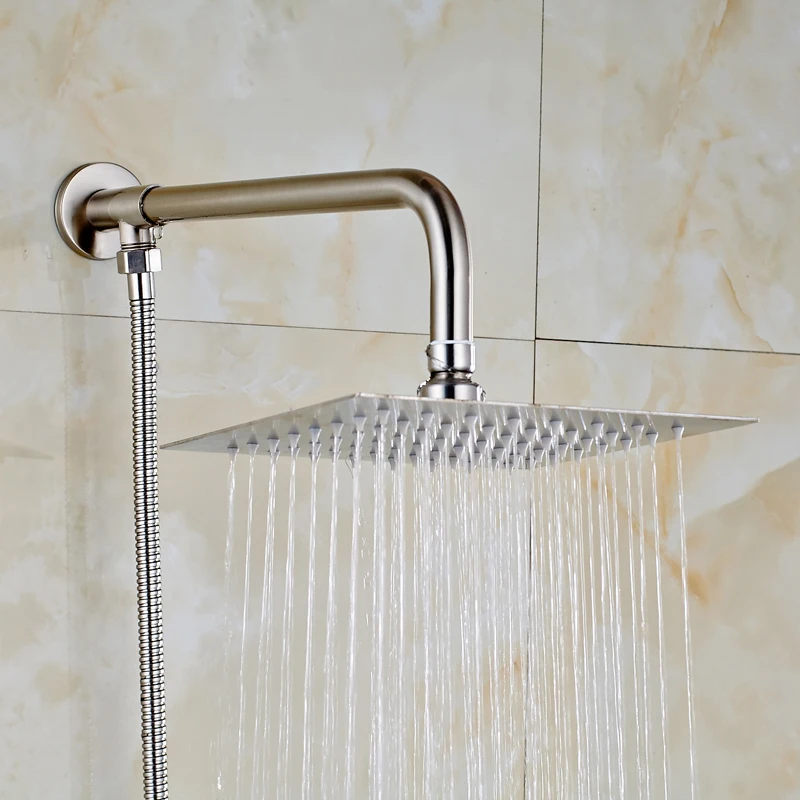 Nickel Brushed Solid Brass Bathroom 8" Square Shower Head + Shower Arm