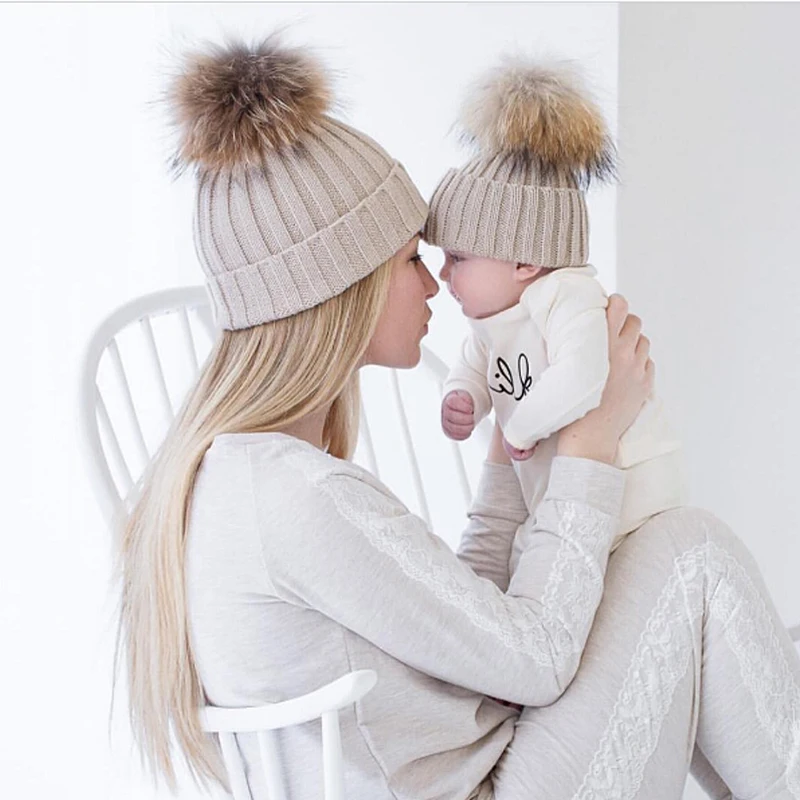 Winter Warm Mom and Baby Hats Knitted Caps Newborn Family Matching