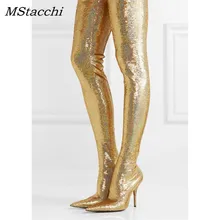 Шикарные высокие сапоги до бедра; женские эластичные сапоги на шпильке с блестками; Цвет серебристый, золотой; женские вечерние сапоги на высоком каблуке