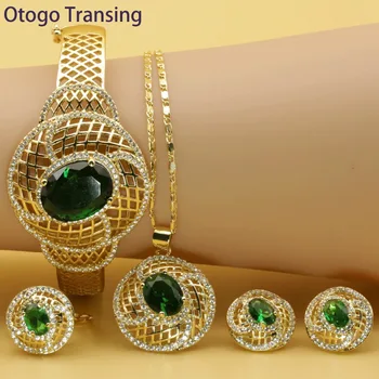 

Otogo Transing wholesale 2019 Gold Color Jewelry Set Fashion Charm Green Crystal Ring Earrings Necklace Bracelet Flower SET206