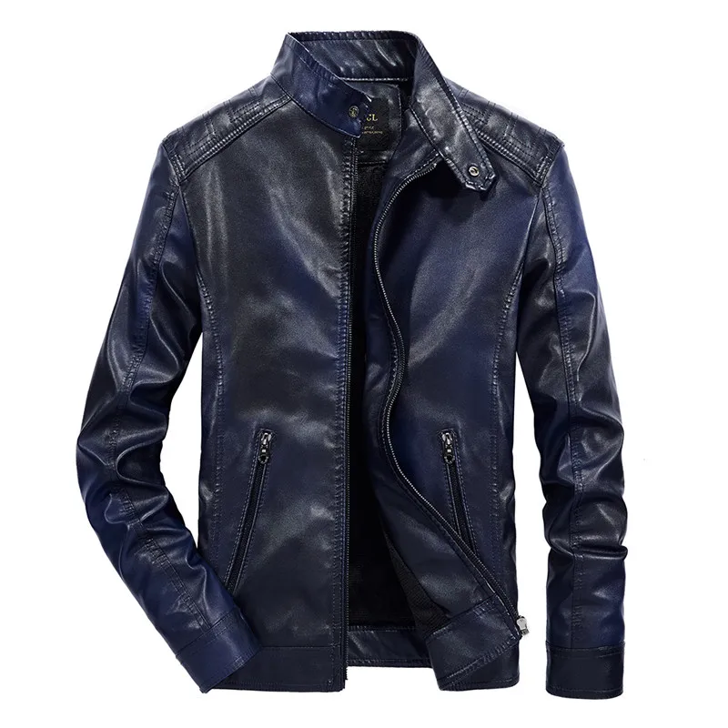 Осенняя и зимняя новая мужская кожаная куртка Ретро тонкая мотоциклетная куртка плюс бархатная ветрозащитная PU кожаная куртка - Цвет: Тёмно-синий