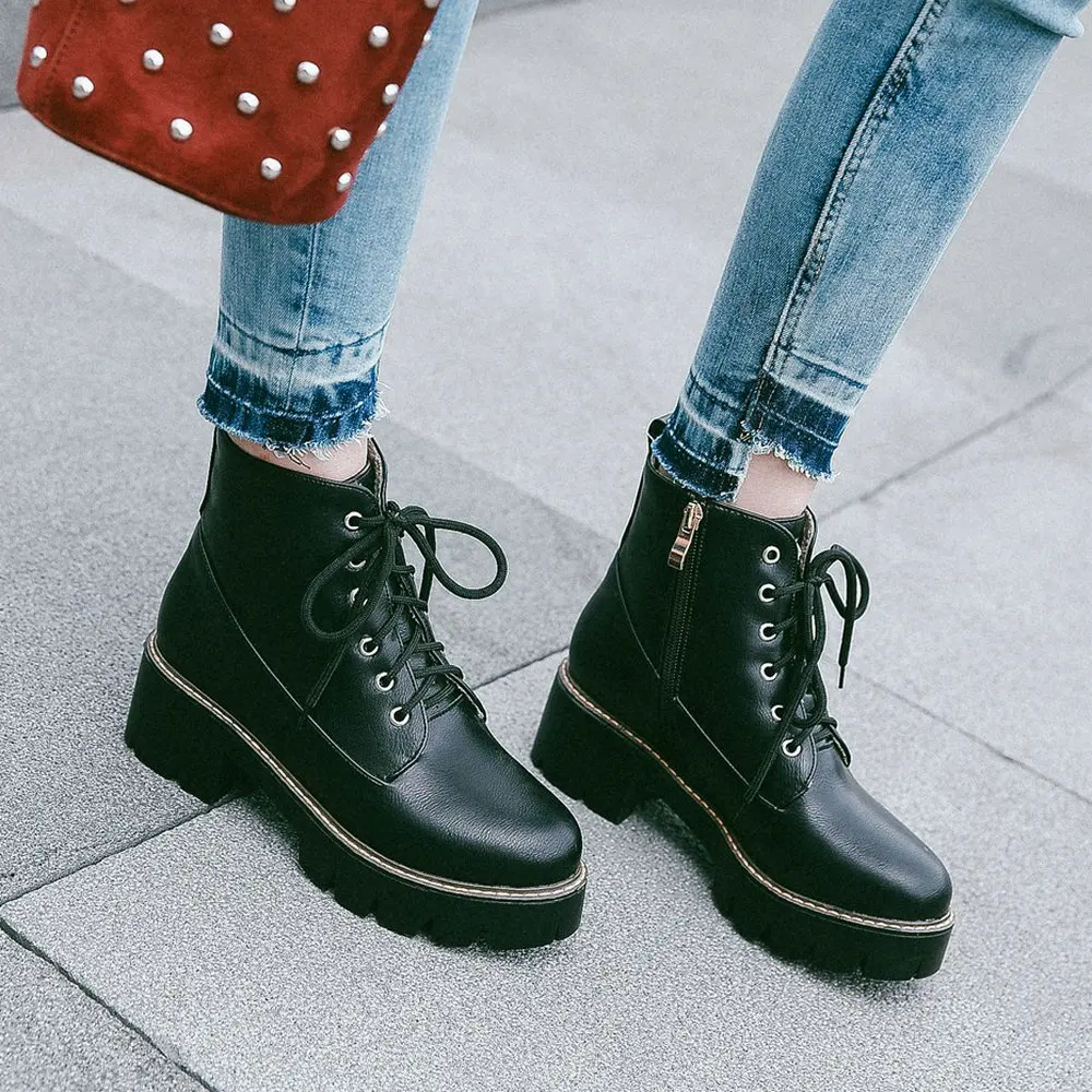 Plus Size Women Boots Pu Leather Thick Heel Ankle Boots Fashion ...