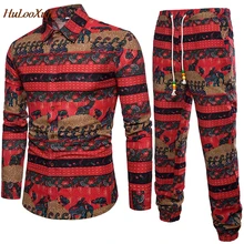 HuLooXuJi стиль печати мужские цветочные 2 шт цветочные рубашки с длинными рукавами+ винтажные штаны дышащие пляжные богемные наборы США Размер: XS-3XL