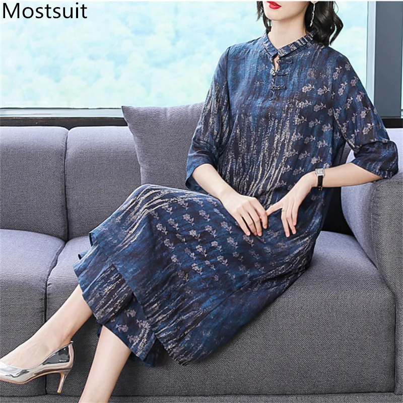 

Xl-6xl Summer Blue Printed Vintage 2 Piece Sets Women Plus Size Long Blouses And Wide Leg Pants Suits Fashion Elegant Womens Set