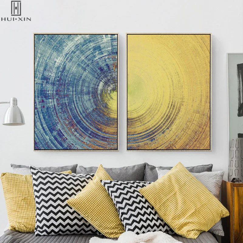 

Nordic Abstract Canvas Printing Modern Yellow And Blue Tint Circle With Same Direction Line Decorative Paintings For Home Decor