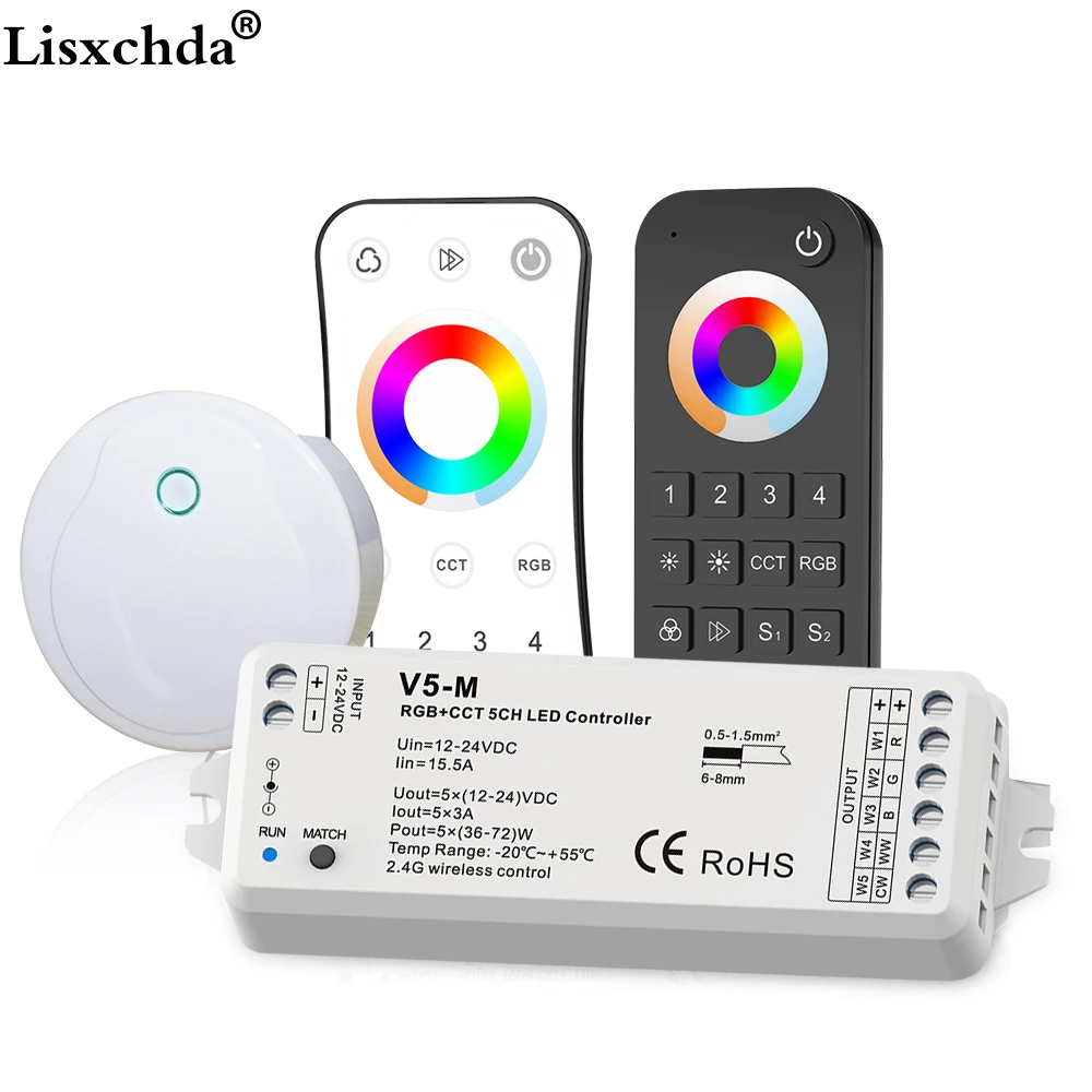

Full Color LED RGB Controller RF 2.4G / Wifi Remote Control DC12-24V for RGB+CW+WW LED Strip Light