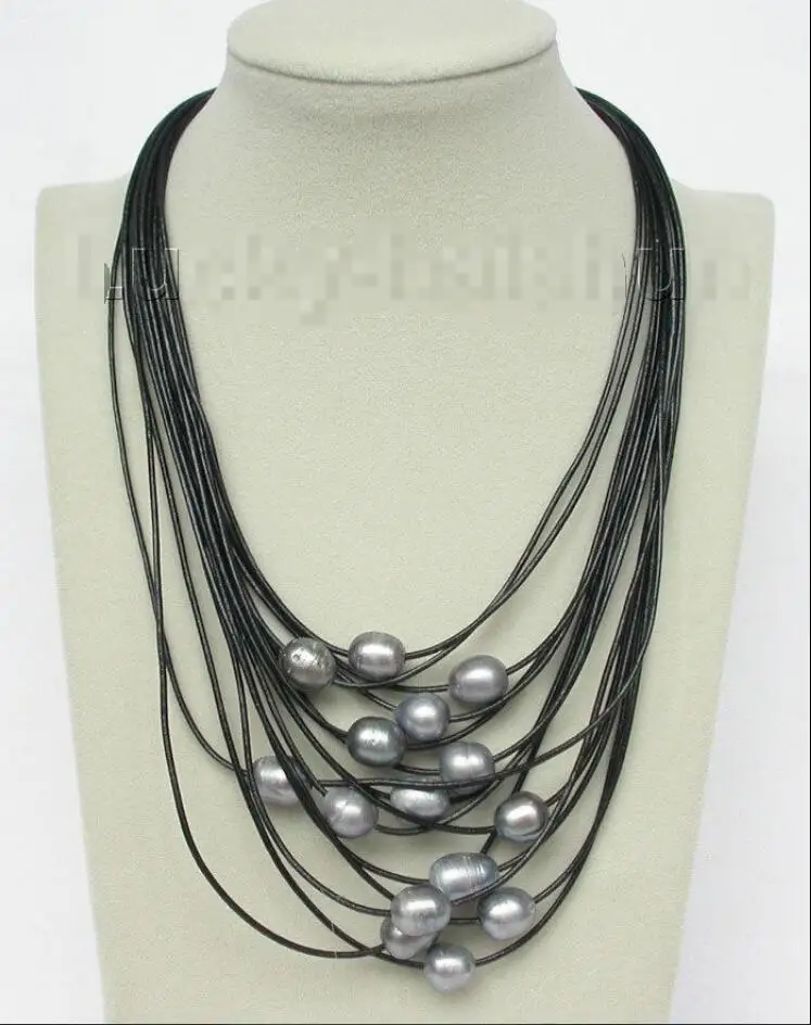 

Hot sale new Style >>>>>17"-24" 15row 14mm Gray pearls leather necklace magnet clasp j8801