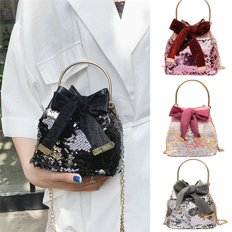 

New Fashion Women Ladies Sequin Bow Handbag Glitter Drawstring Bags Chain Shoulder Bags Tote Bag Messenger Satchel Crossbody
