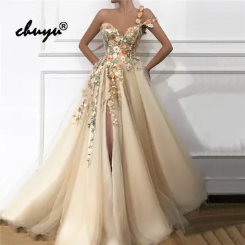 

Champagne Muslim Evening Dress One Shoulder Lace Flower Slit vestido de festa Islamic Dubai Saudi Arabic Evening Gown Prom Dress