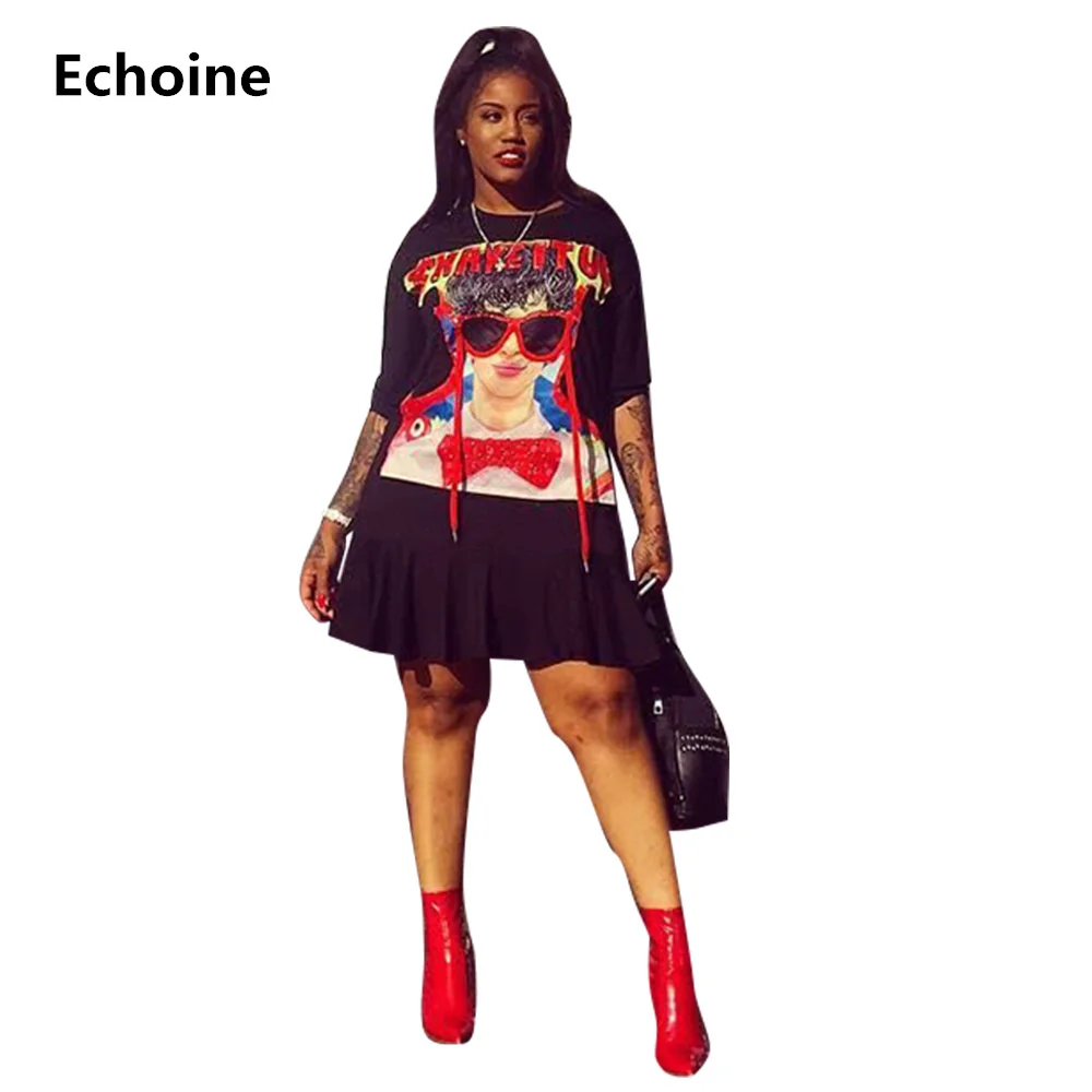 

Women Cartoon Print Pleated Mini Dress Funny Figure Printing Party Winter Dresses Robe Femme Club Outfit Woman Streetwear