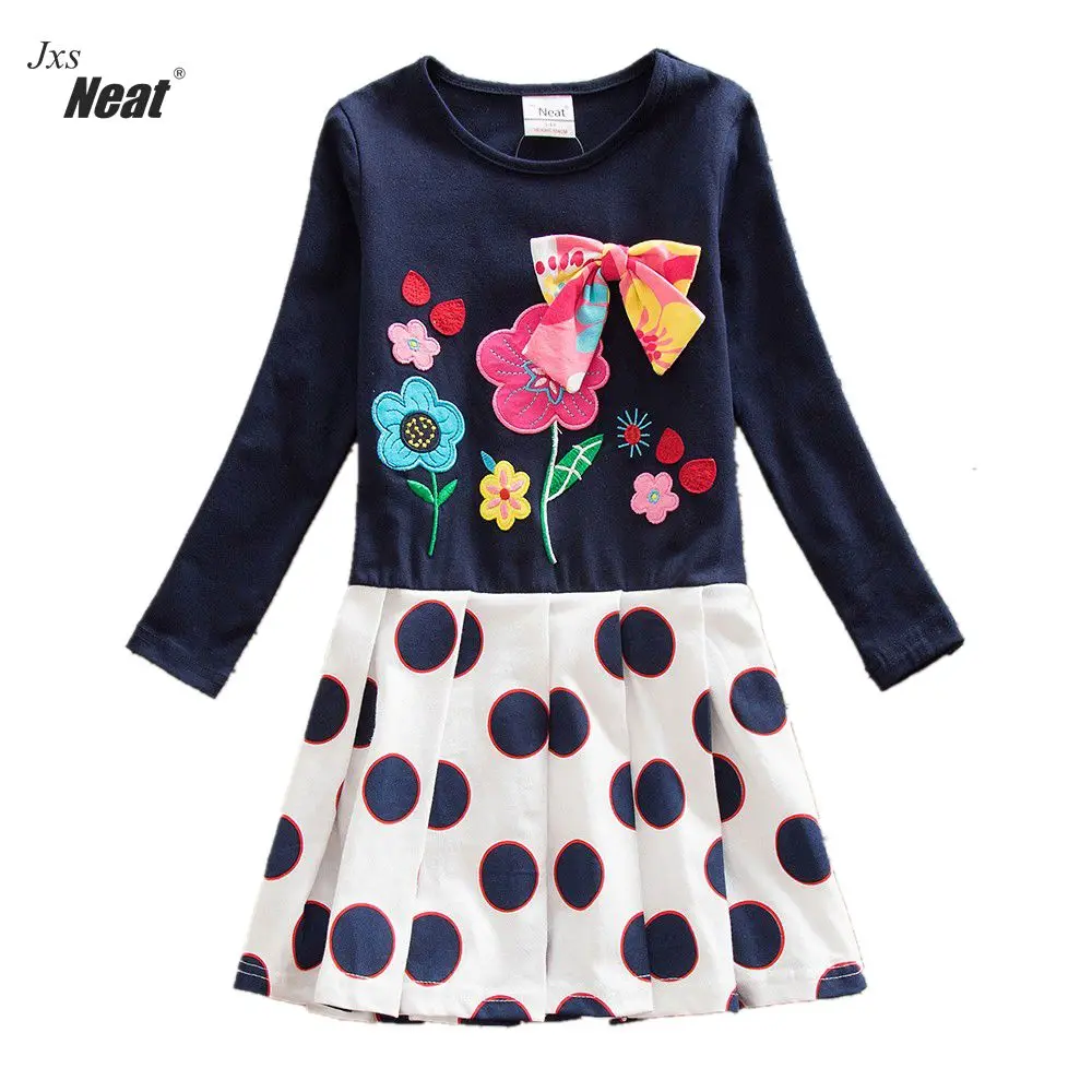 

Girl Dresses NEAT Round Collar Cotton Girl Clothing Butterfly Flower Pattern Dot Girl Dress Up Girl Long Sleeve Dress LH5081