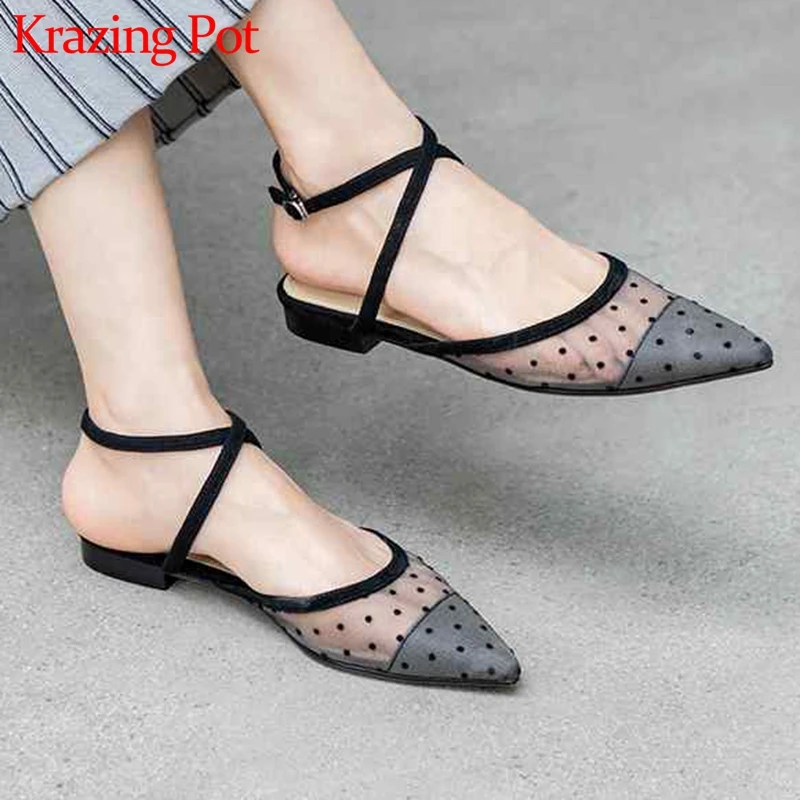 

Krazing Pot dot patterns air mesh natural leather pointed toe women dailywear buckle straps low heels summer design sandals l33