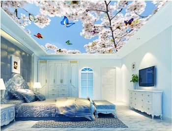 

Custom photo 3d room wallpaper for walls 3 d ceiling murals Non-woven picture Cherry blossom blue butterfly decoration painting