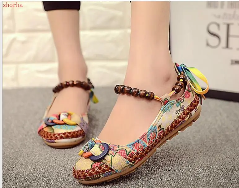 

Top quality Casual Flat Shoes Women Flats Handmade Beaded Ankle Straps Loafers Zapatos Mujer Retro Ethnic Embroidered Shoes