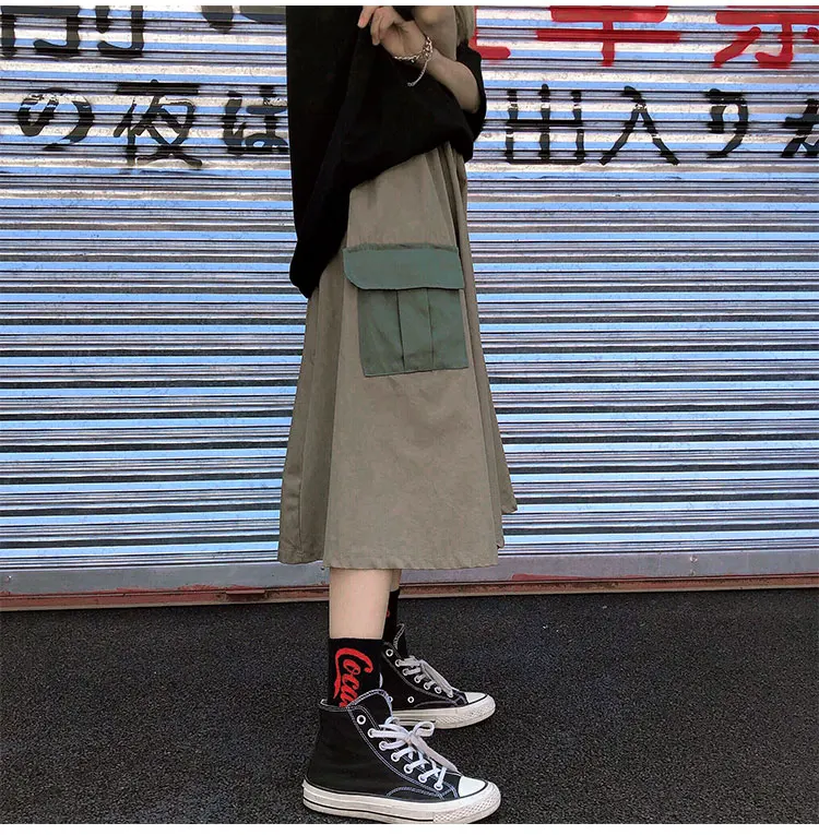 Хаки камуфляж зеленый карман Высокая талия карго уличная Harajuku Корейская женская мода свободная А-силуэт длинная юбка миди летняя Mori Girl