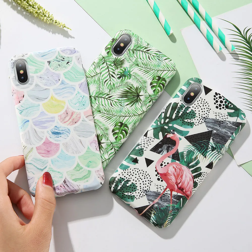 

KISSCASE 3D Fish Scale Phone Case For iPhone 6 7 X XS Max Fresh Leaf Flamingo Pattern PC Case For iPhone 7 8 Plus XR 6 6s Cover
