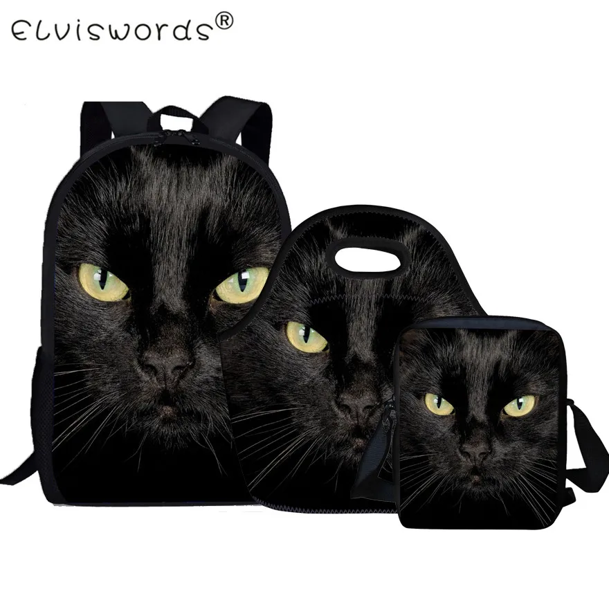 

ELVISWORDS Cute Black Cat Print Children School Bags3 Pcs Primary Student School Bookbags For Girls Boys Animals Lunch Food Bags