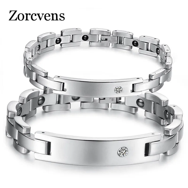 

ZORCVENS 2018 New Lovers Magnetic Health Bracelets Bangles 316L Stainless Steel Cubic Zirconia Bracelet For Women Men