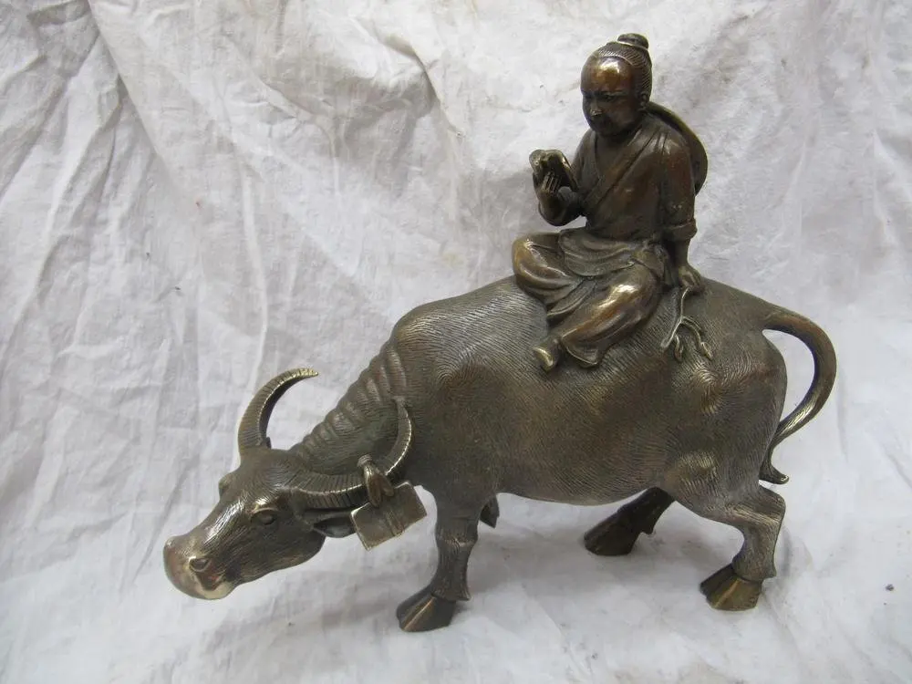 

classical bronze sculpture carvings a reading book boys on a ox statue (A0314)
