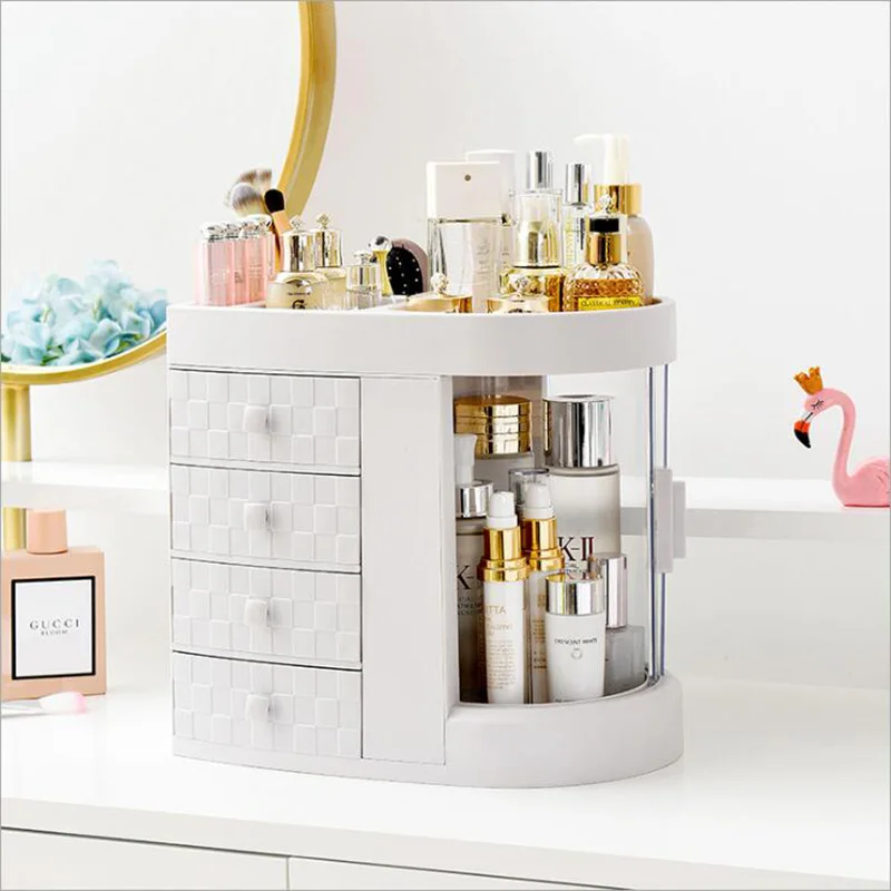 

New quality cosmetics skin care storage box dust 4 drawer transparent rotating window red lipstick makeup brush organizer