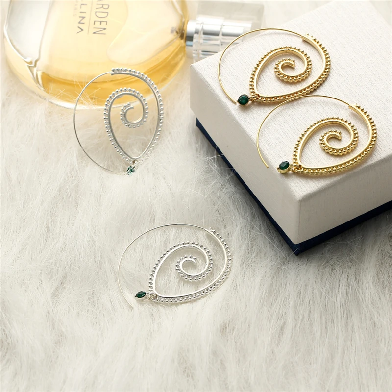 AMOURJOUX преувеличенные Золотые/серебряные Винтажные серьги-кольца со спиральным зеленым камнем для женщин женские серьги-обручи подарок для девушек