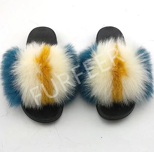 Новые женские летние меховые сандалии с открытым носком пушистые Вьетнамки с натуральным лисьим мехом; домашние теплые плюшевые тапочки женские шлепанцы; домашняя меховая обувь - Цвет: blue white