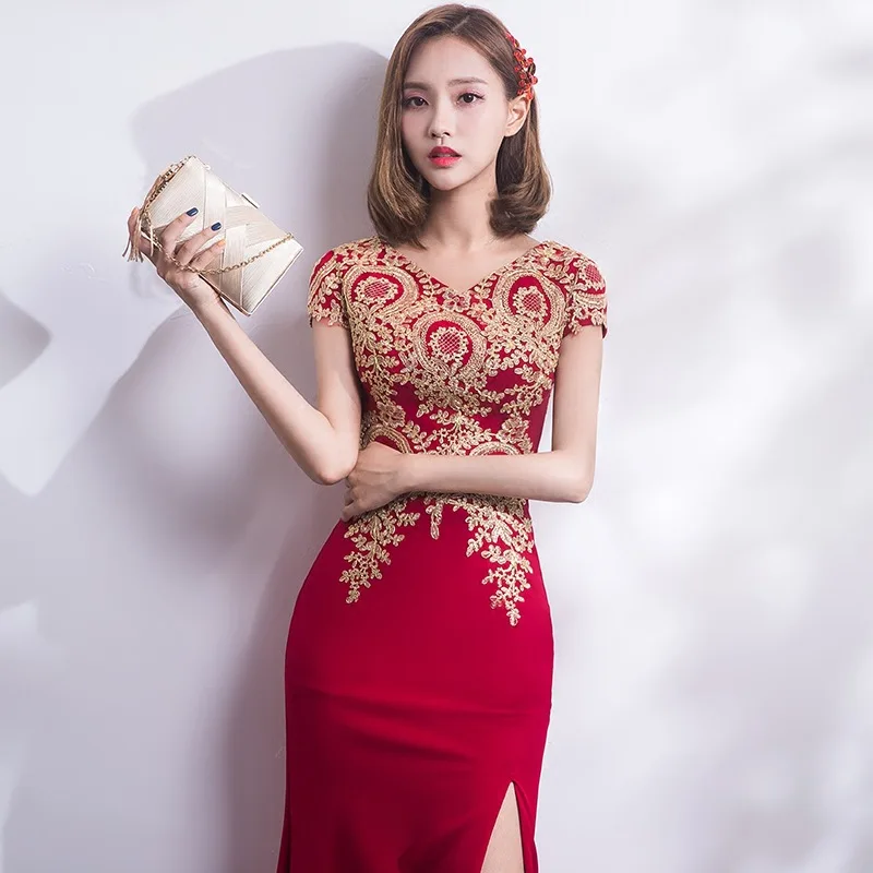 Вышивка Cheongsam длинное традиционное китайское винтажное платье красное свадебное платье Русалка сексуальное платье Ципао с разрезом Современные платья