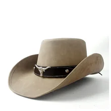 Leather Cowboy Hat Bull Head Leather Band Decor Men Women Large Brim Jazz Cap