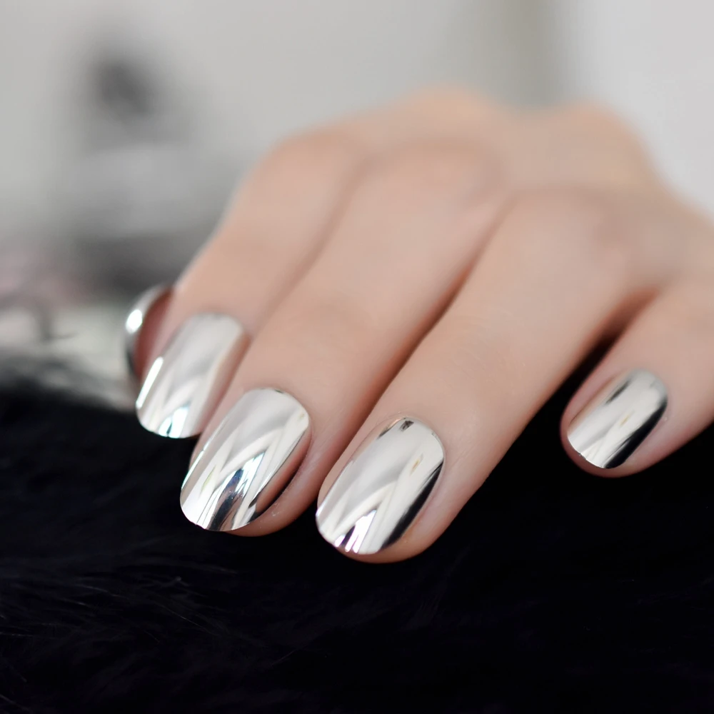 24 шт серебряные средние искусственные полностью изогнутые металлические овальные накладные ногти для девочек зеркальные классные накладные ногти с клеем, стикер