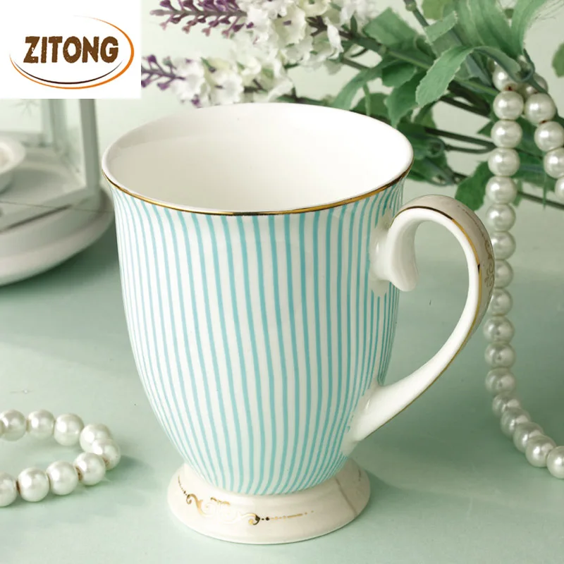 British Purified Bone China Coffee Mug Quality Goods Gold Plating Ceramic Cup Fashion Striped Design