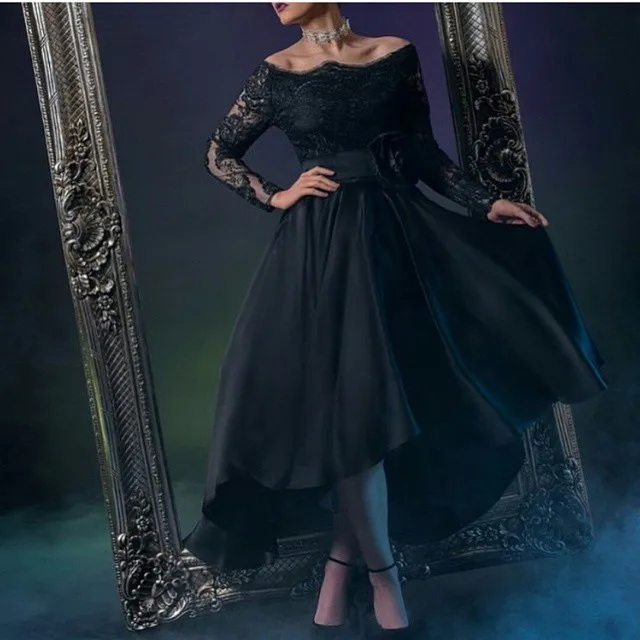 

Black A Line High Low Dubai Saudi Arabia Middle East Muslim Evening Sheer Long Sleeve Prom Formal Vestidos Mother of Bride Dress