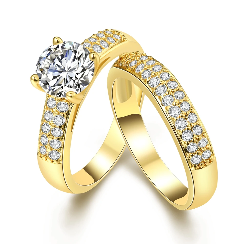 The Crystal Jewelry Promise Double Rings For Couples Women's Gold Color Couple Wedding Set For Men & Women