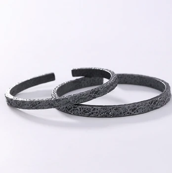 

925 Sterling Silver Black Cuff Bangle Bracelet Men Women Biker A2405