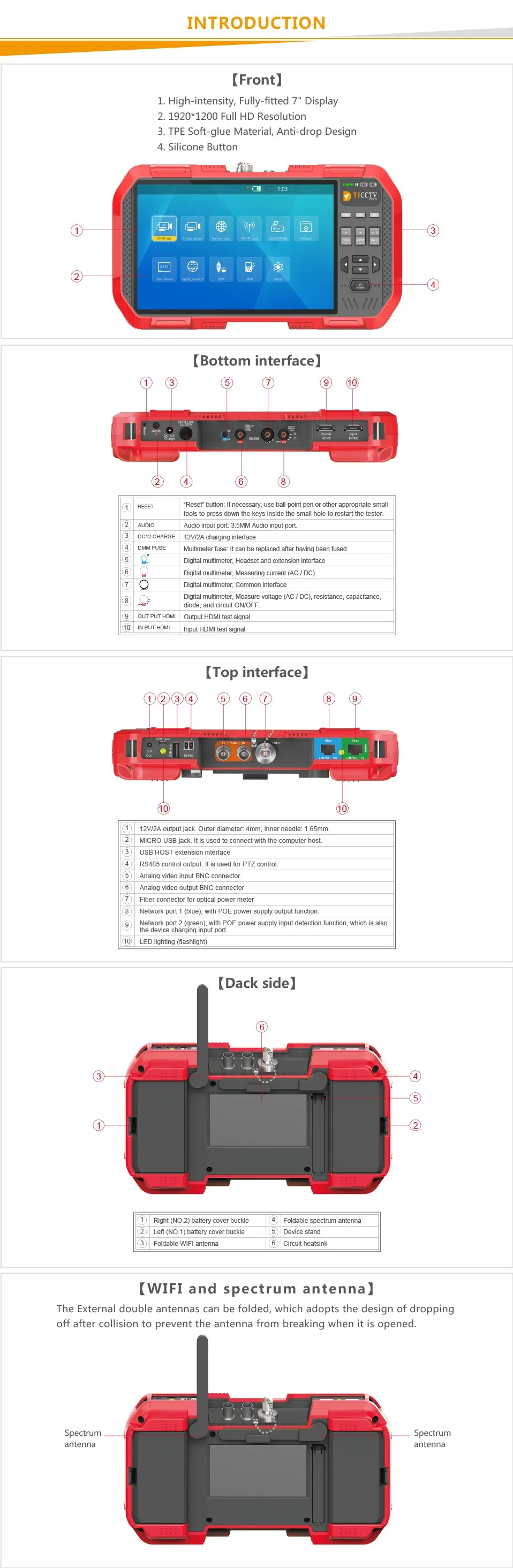 DT-A86 7Inch H.265 4K IP camera tester 8MP TVI CVI 5MP AHD CVBS CCTV Tester Monitor POE ONVIF RJ45 cable TDR test HDMI Input