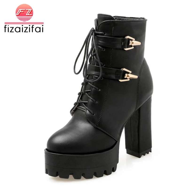 FizaiZifai Size 34 43 Women Plus High Heel Boots Side Zipper Ankle Shoes Fashion Metal Buckle
