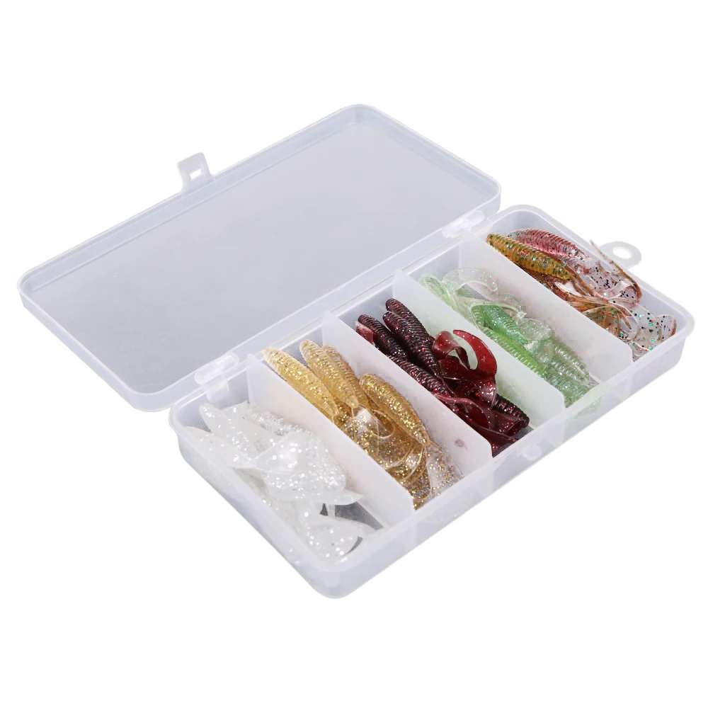 

Good deal 50Pcs Simulation Worms Fishing Lures Bionic Single Tail Soft Baits Fishy Smell with Plastic Fishing Tackle Box