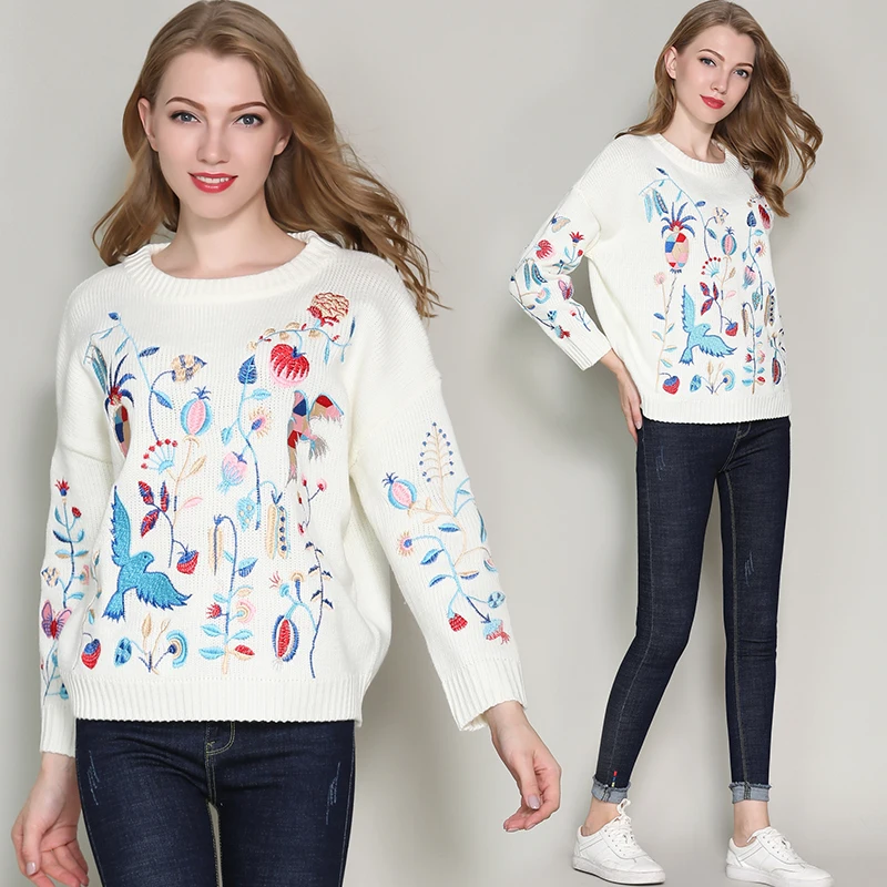 Runway Designer Embroidery Sweater Women Long Sleeve Casual Knitted ...