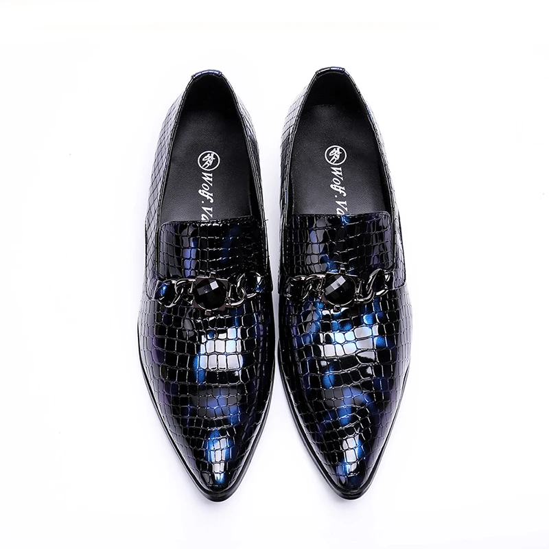 Chaussures Chunky Mâle Hiver Cuir Slip 2018 Pointu As Motif Boucle Nouveau Show Bout Cristal Sur Talon Chaîne Bleu Robe Pierre En Hommes wXO0PkN8n