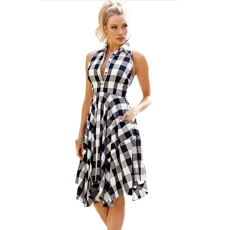 

Singwing Cotton Plaid Women dresses Fashion Office Ladies Blue/Black White Gray Flared Dress Female Autumn Sleeveless Dress