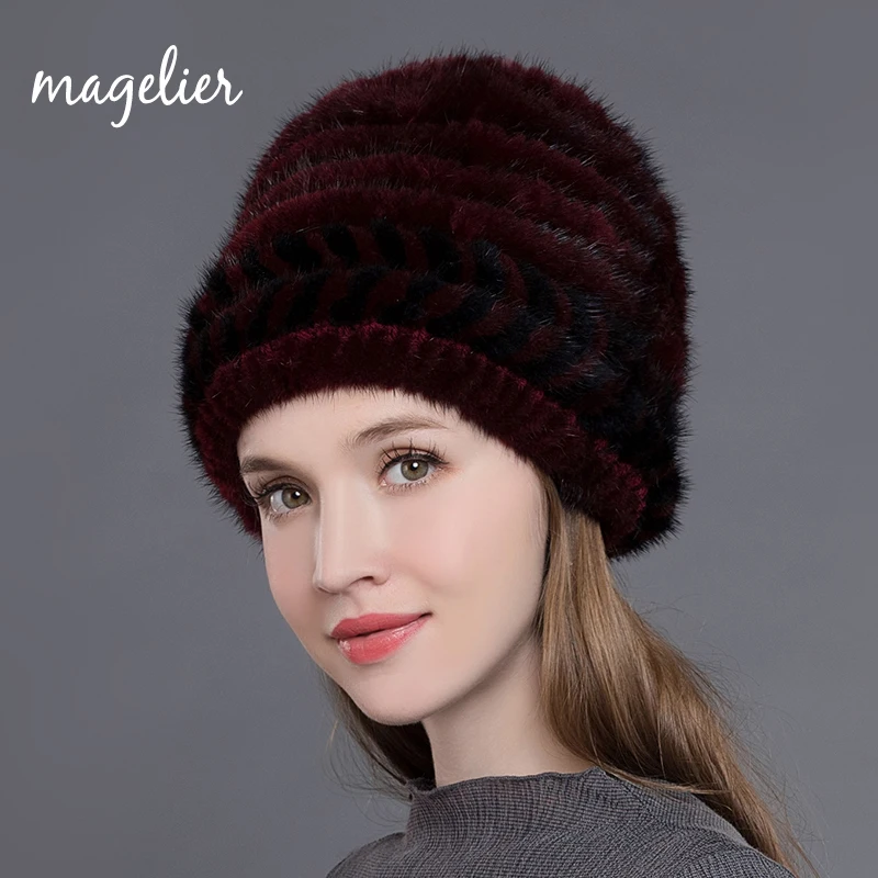 

Magelier Real Fur Hats for Women Winter Warm Knitted Luxurious Natural Mink Fur Beanies Arrow Fashion Brand Soft Caps New MZ004