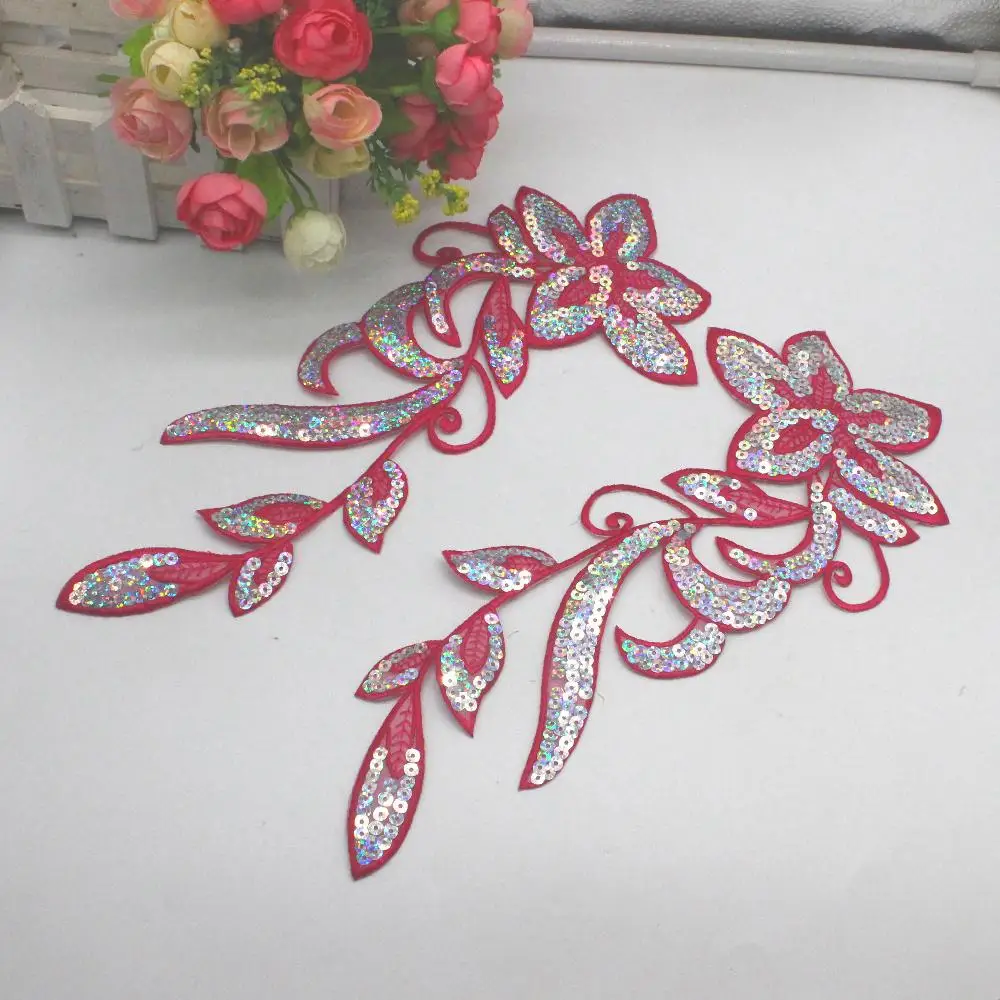 YACKALASI 3 пары/Лот 3D цветок нашивки с блестками кружева аппликация Зеркало Пара Цветочная опера платье железная вышивка отделка 12,5*31 - Цвет: Fuchisa Silver