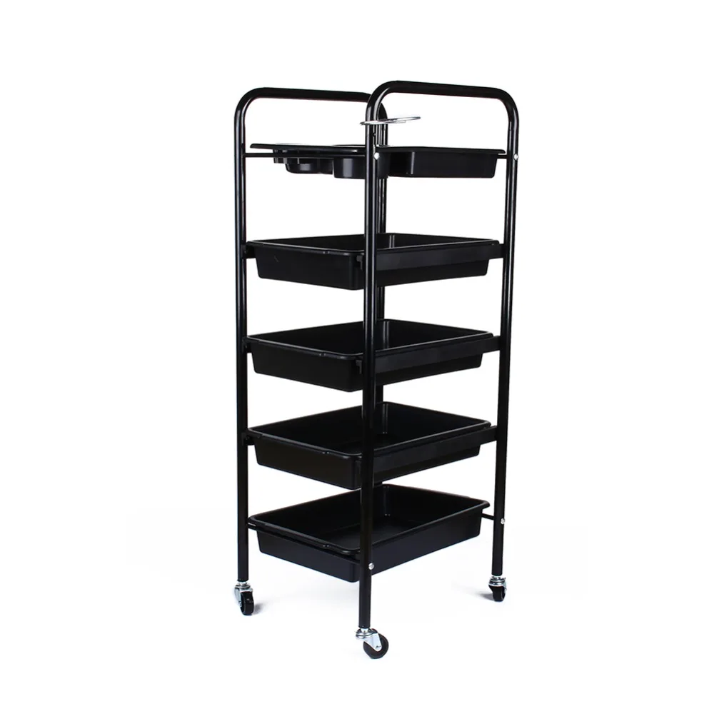 

5 Tier Trolley Spa Hairdresser Coloring Hair Black Trolley Rolling Storage Cart Tool Accessory PP Stainless Steel Material