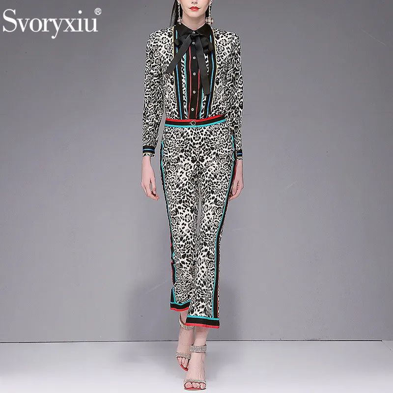 

Svoryxiu Fashion Designer Leopard Print Pants Suits Women's Bow Long Sleeve Blouse + Flare Pants Office Lady Two Piece Set