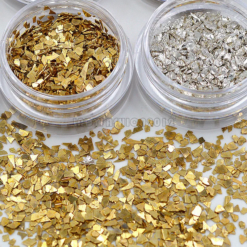 

12 Jars 6 Gold 6 Silver Irregular Metal Fragments Shape Nail Art Rhinestones Gems Decals DIY Beauty Salon Tip