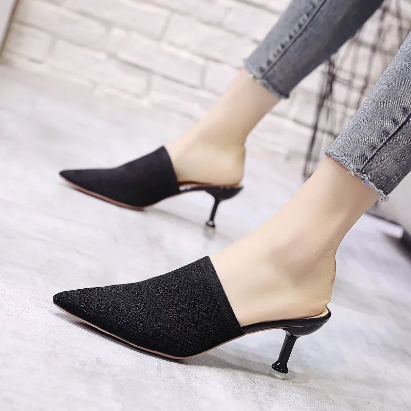 Summer Pointed Toe Women Sandals High Heels Yellow Fashion Slip On Mules Hollow Fabric Slides Thin Heels Slipper Sandalias Mujer